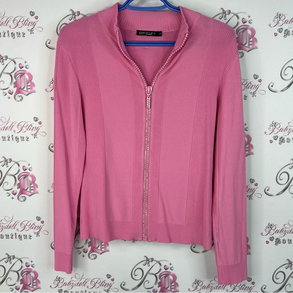 Est-Elle sweater rhinestone bling zipper stretchy Pink Ribbed Cardigan